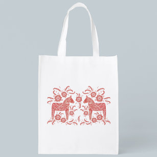 Swedish Dala Horse Red and White Reusable Grocery Bag