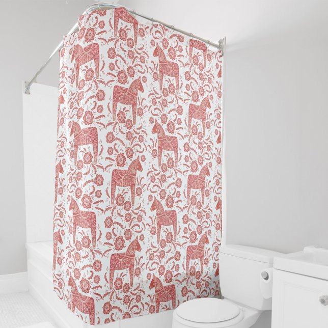 Swedish Dala Horse Red and White Shower Curtain (Swedish Dala Horse red and white pattern shower curtain)