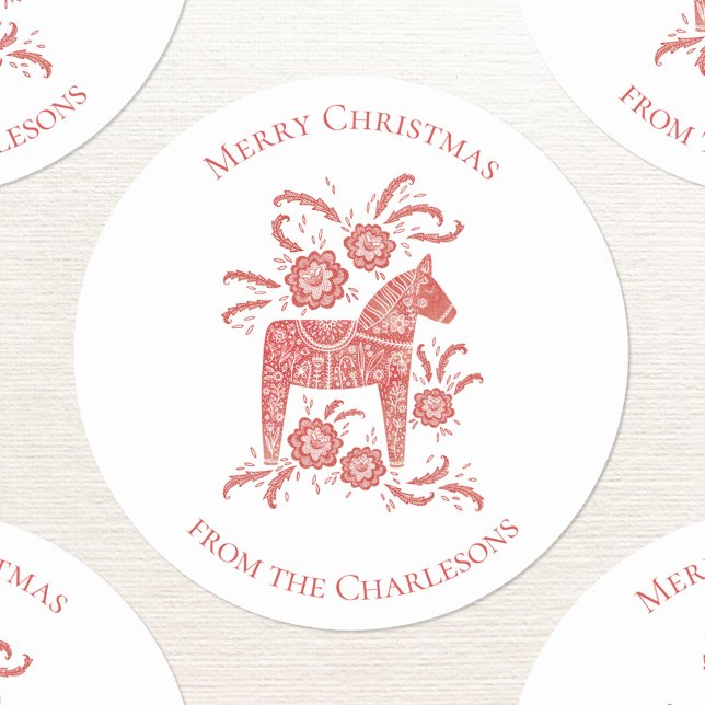 Swedish Dala Horse Red Christmas Classic Round Sticker (Swedish Dala horse red and white Merry Christmas personalized stickers)