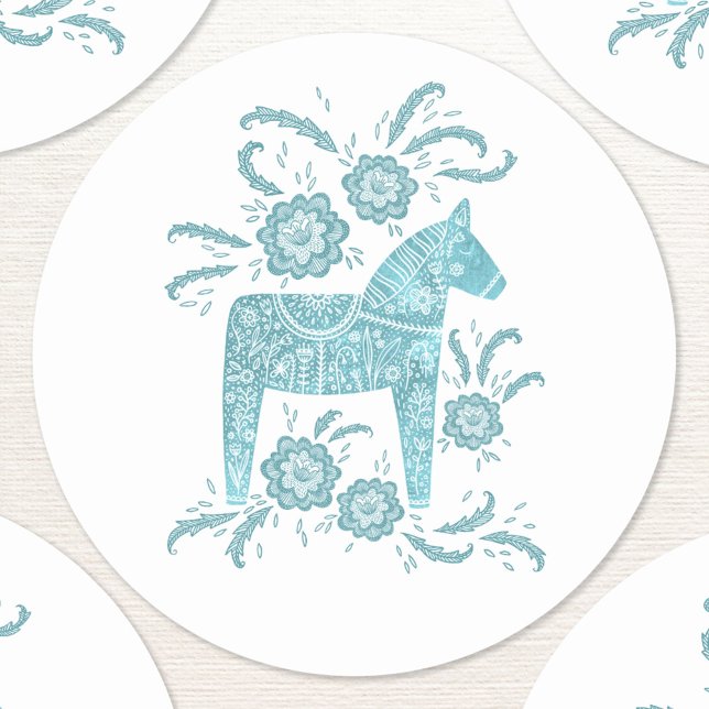 Swedish Dala Horse Teal and White Classic Round Sticker (Swedish Dala Horse teal green and white folk art sticker)