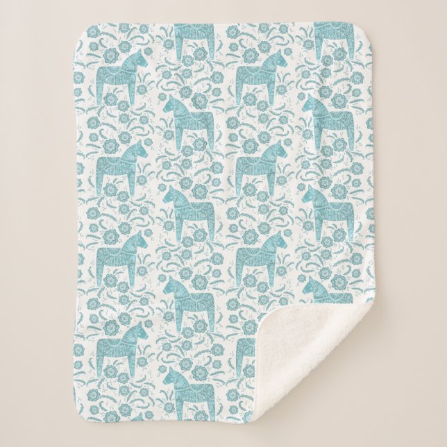 Swedish Dala Horse Teal and White Sherpa Blanket (Front)