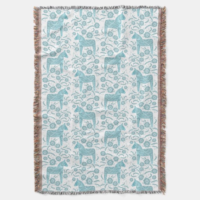 Swedish Dala Horse Teal and White Throw Blanket (Front Vertical)