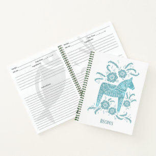 Swedish Dala Horse Teal Folk Art Recipe Notebook