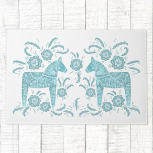 Swedish Dala Horse Teal Green and White Doormat
