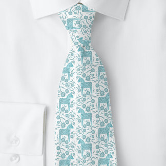 Swedish Dala Horse Teal Green and White Folk Art Tie