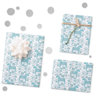 Swedish Dala Horse Teal Green and White Folk Art Wrapping Paper Sheet