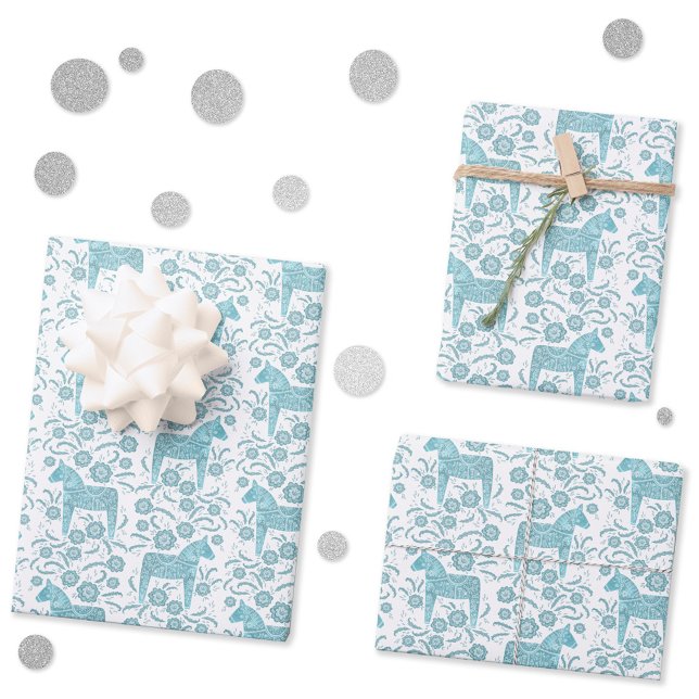 Swedish Dala Horse Teal Green and White Folk Art Wrapping Paper Sheet (Swedish Dala Horse folk art teal green and white gift wrapping paper sheets)
