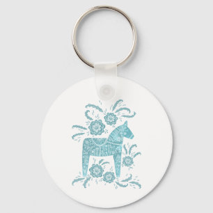 Swedish Dala Horse Teal Green and White Key Ring