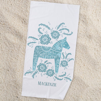 Swedish Dala Horse Teal Green Custom Name Beach Towel