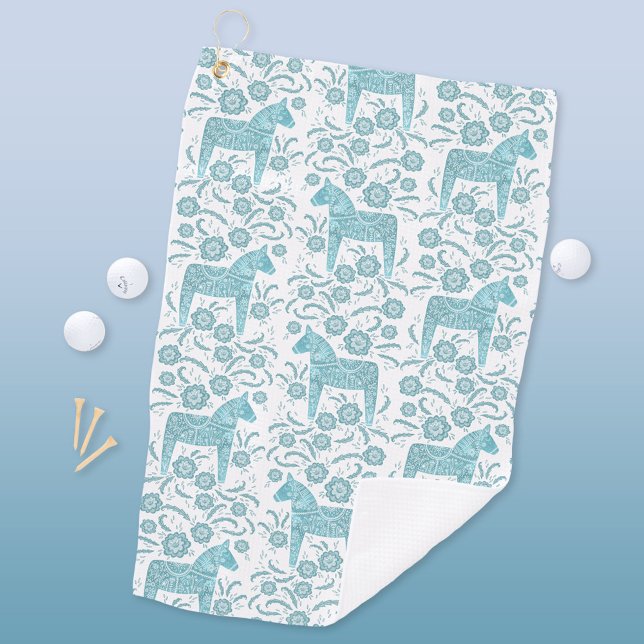 Swedish Dala Horse Teal Green Folk Art Golf Towel (Swedish Dala Horse teal green and white folk art golf towel)