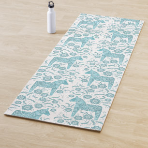 Swedish Dala Horse Teal Green Folk Art Yoga Mat