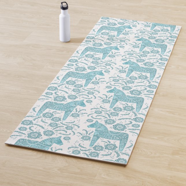 Swedish Dala Horse Teal Green Folk Art Yoga Mat (In Situ)