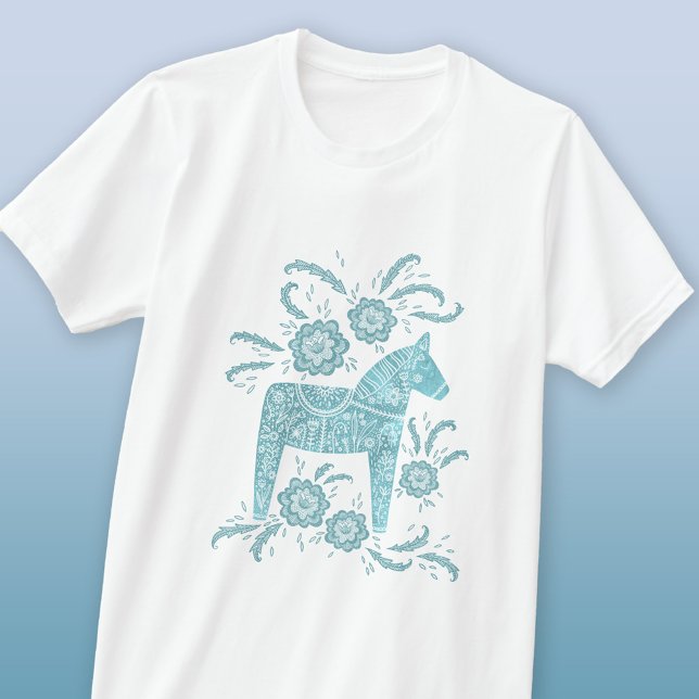 Swedish Dala Horse Teal Green T-Shirt (Swedish Dala Horse teal and white folk art T-shirt)