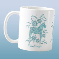 Swedish Dala Horse Teal Personalised Coffee Mug