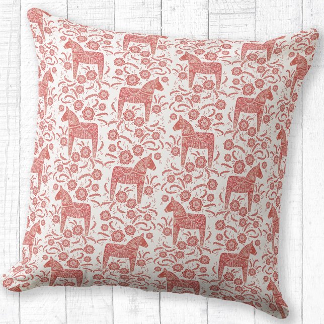 Swedish Dala Horse Traditional Folk Art Pattern Cushion (Swedish Dala Horse folk art red and white throw pillow)