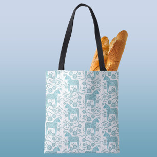 Swedish Dala Horse Traditional Folk Art Teal Green Tote Bag