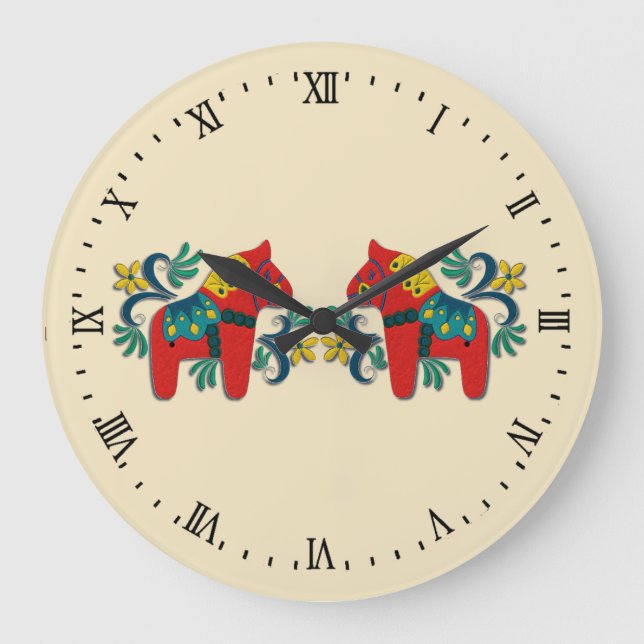Swedish Dala Horse Twins Scandinavian Large Clock (Front)