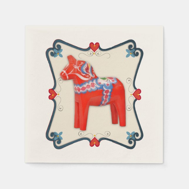 Swedish Dala Horse with Heart Scallop Frame Napkin (Front)