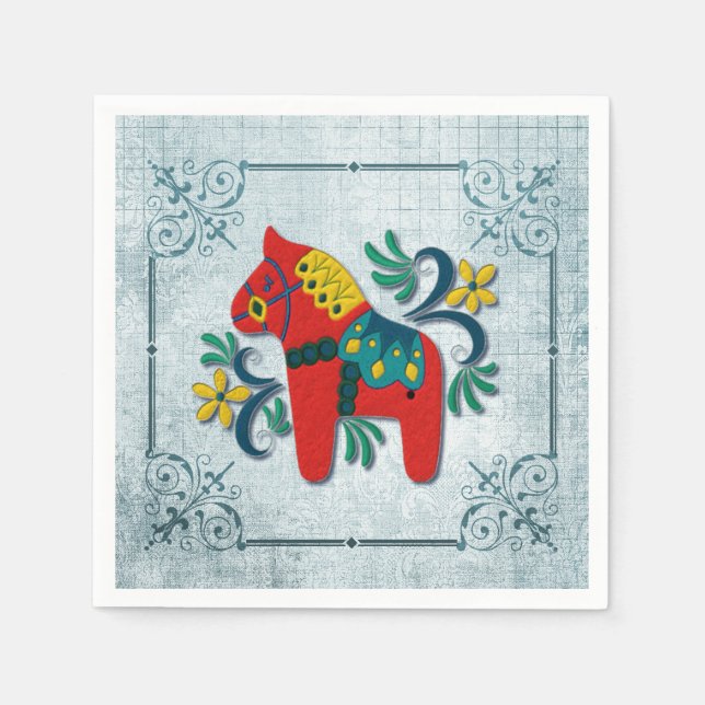 Swedish Dala Horse with Norwegian Rosemaling Napkin (Front)