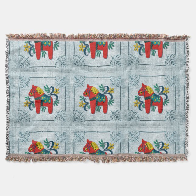 Swedish Dala Horse with Norwegian Rosemaling Throw Blanket (Front)