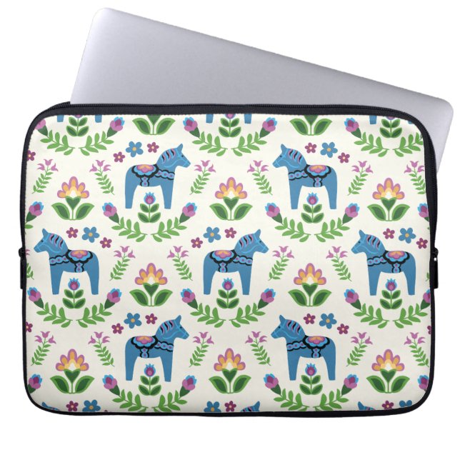 Swedish Dala Horses Blue Laptop Sleeve (Front)