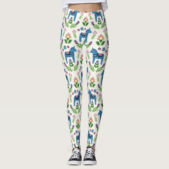 Swedish Dala Horses Blue Leggings (Front)