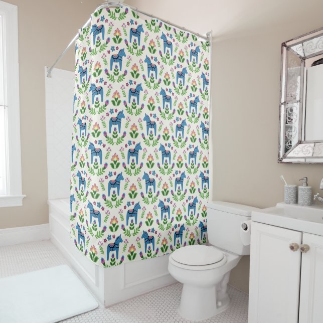 Swedish Dala Horses Blue Shower Curtain (In Situ)
