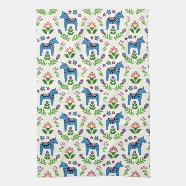 Swedish Dala Horses Blue Tea Towel (Vertical)