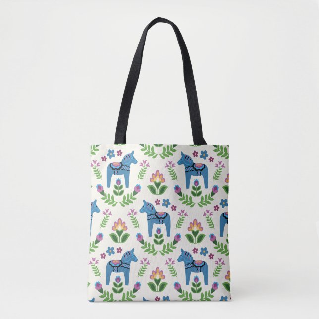 Swedish Dala Horses Blue Tote Bag (Front)
