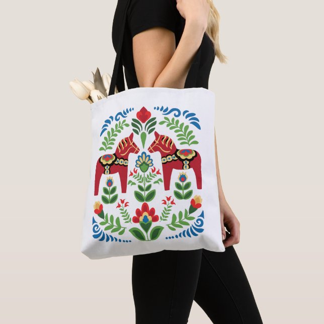 Swedish Dala Horses Red Tote Bag (Close Up)