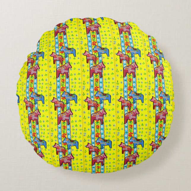 Swedish Dala Horses Round Cushion (Front)