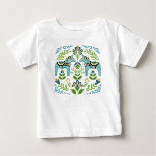 Swedish Dala Horses Teal Baby T-Shirt
