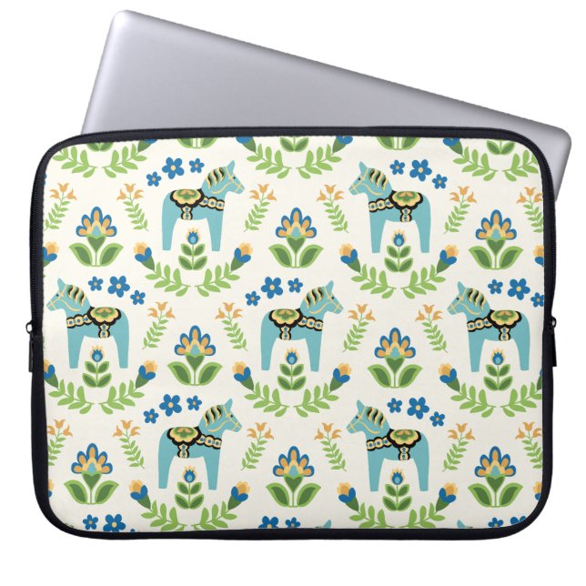 Swedish Dala Horses Teal Laptop Sleeve (Front)