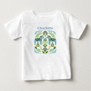 Swedish Dala Horses Teal Personalized Baby T-Shirt