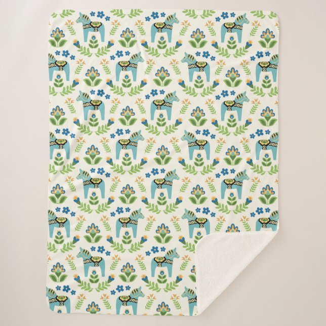 Swedish Dala Horses Teal Sherpa Blanket (Front)