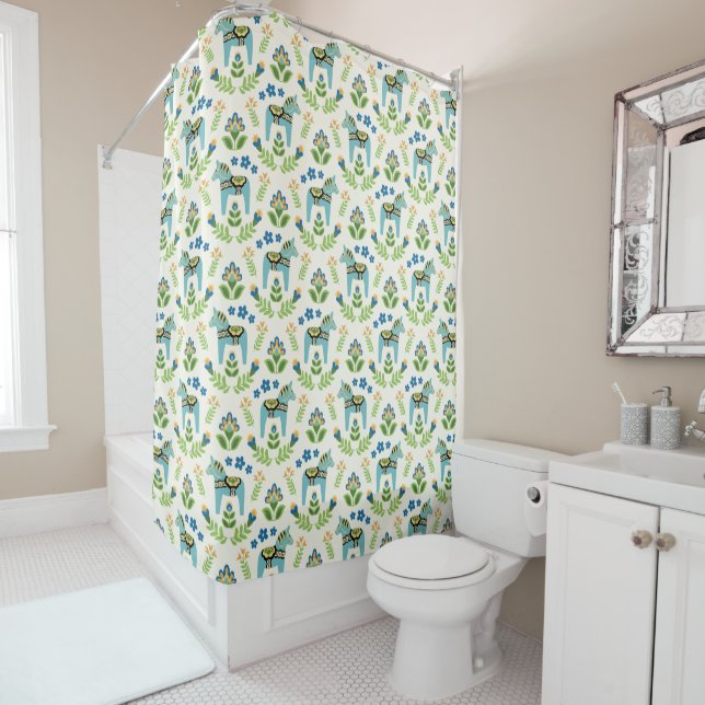 Swedish Dala Horses Teal Shower Curtain (In Situ)