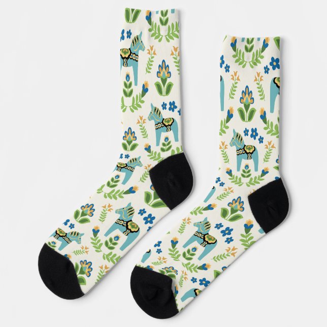 Swedish Dala Horses Teal Socks (Left)