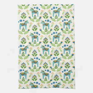 Swedish Dala Horses Teal Tea Towel