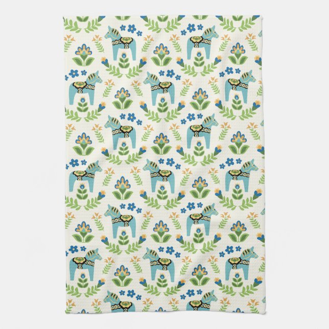 Swedish Dala Horses Teal Tea Towel (Vertical)