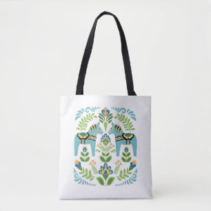 Swedish Dala Horses Teal Tote Bag