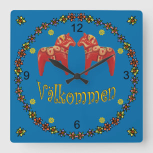 Swedish Dala Horses ~ Välkommen ~ Welcome Sign ~ Square Wall Clock