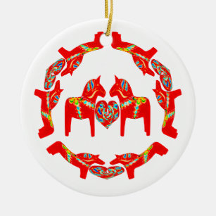 Swedish Dala Horses w Hearts Ornament