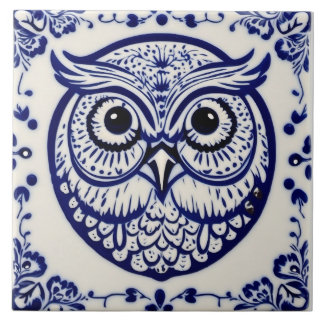Swedish Dala owl Blue and White nouveau Tile