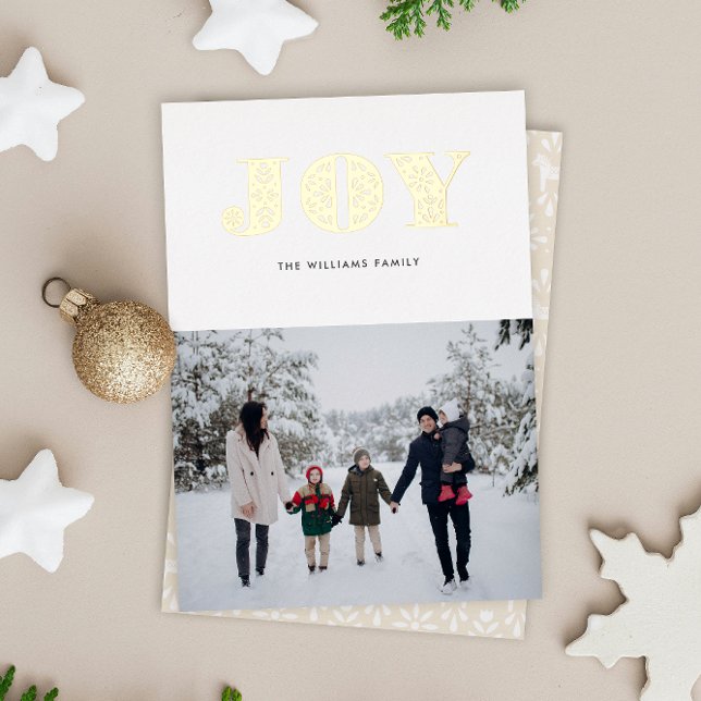 Swedish Dala Style Gold Foil Joy Holiday Card (real shiny gold Scandinavian folk art style JOY Christmas photo holiday card)
