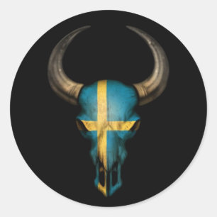 Swedish Flag Bull Skull on Black Classic Round Sticker