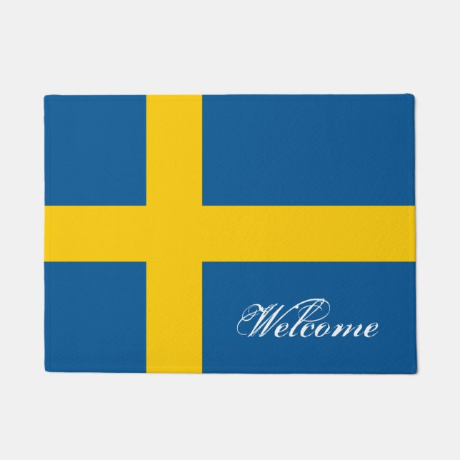 Swedish flag door mat with custom welcome text (Front)