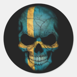 Swedish Flag Skull on Black Classic Round Sticker