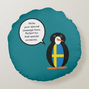 Swedish Flag Talking Ms. Penguin Personalised  Round Cushion
