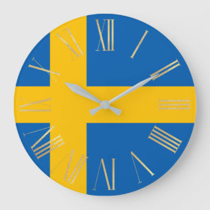 Swedish Flag with Gold Roman Numerals Large Clock
