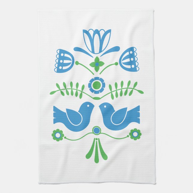 Swedish Folk Art Blue Birds and Flowers Tea Towel (Vertical)